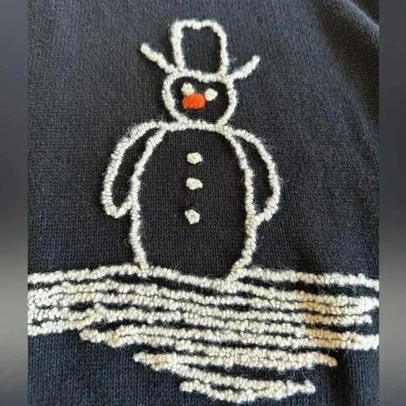 Northern Isles | Navy Blue V-neck Cotton Blend Sweater with Snowman Graphic - Picture 3 of 8